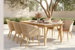 Outlet Borneo Garten-Essgruppe, beige-meliert, Polyrattan/Akazie, Tisch 220 x 100 cm, 6 Cocktail-Sessel, FSC®-zertifiziertes Produkt Polyrattan-Gartenmöbel|Garten-Essgruppen