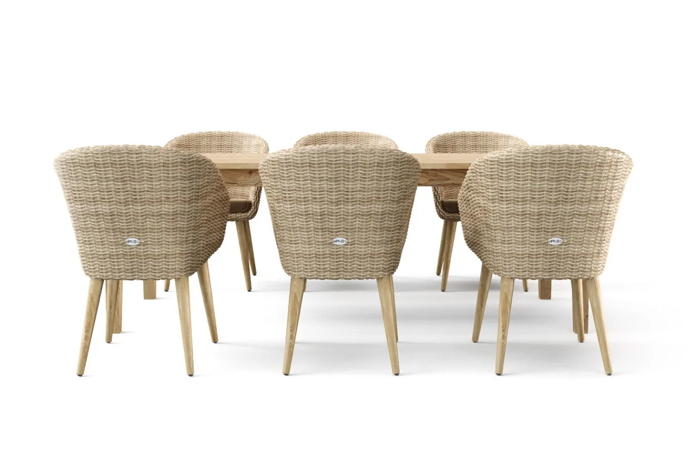 Outlet Borneo Garten-Essgruppe, beige-meliert, Polyrattan/Akazie, Tisch 220 x 100 cm, 6 Cocktail-Sessel, FSC®-zertifiziertes Produkt Polyrattan-Gartenmöbel|Garten-Essgruppen