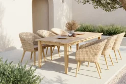 Outlet Borneo Garten-Essgruppe, beige-meliert, Polyrattan/Akazie, Tisch 220 x 100 cm, 6 Cocktail-Sessel, FSC®-zertifiziertes Produkt Polyrattan-Gartenmöbel|Garten-Essgruppen