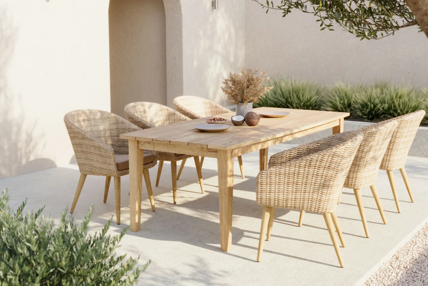 Outlet Borneo Garten-Essgruppe, beige-meliert, Polyrattan/Akazie, Tisch 220 x 100 cm, 6 Cocktail-Sessel, FSC®-zertifiziertes Produkt Polyrattan-Gartenmöbel|Garten-Essgruppen