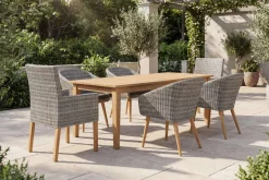 Borneo/Kota Garten-Essgruppe, natur/grau-meliert, Akazie/Alu/Polyrattan, 220x100 cm, 4 Cocktail-, 2 Landhaussessel, FSC®-zertifiziertes Produkt Akazien-Gartenmöbel
