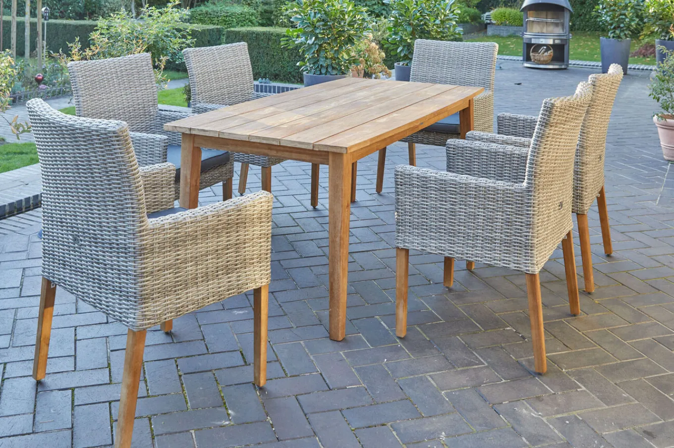 New Borneo/Kota Garten-Essgruppe, natur/grau-meliert, Akazie/Alu/Polyrattan, 180x90cm, 6 Landhaussessel, FSC®-zertifiziertes Produkt Garten-Essgruppen|Akazien-Gartenmöbel