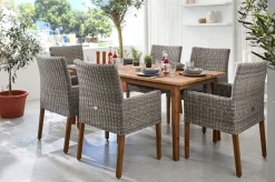 New Borneo/Kota Garten-Essgruppe, natur/grau-meliert, Akazie/Alu/Polyrattan, 180x90cm, 6 Landhaussessel, FSC®-zertifiziertes Produkt Garten-Essgruppen|Akazien-Gartenmöbel