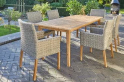 Clearance Borneo/Kota Garten-Essgruppe, natur/grau-meliert, Akazie/Alu/Polyrattan, 220x100 cm, 6 Landhaussessel, Akazie, FSC®-zertifiziertes Produkt Garten-Essgruppen|Akazien-Gartenmöbel