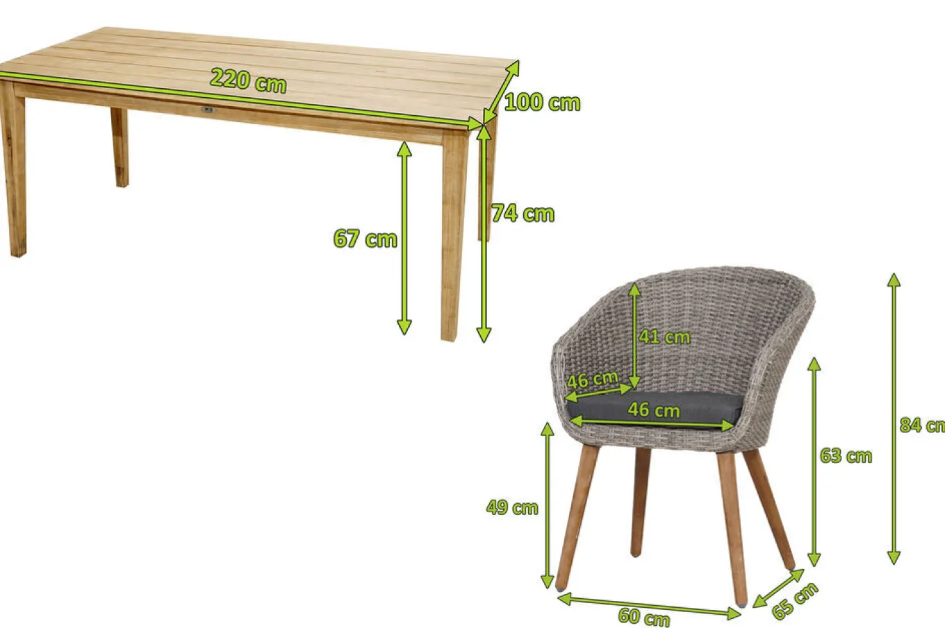 Online Borneo/Kota Garten-Essgruppe, natur/grau-meliert, Akazie/Alu/Polyrattan, 220x100 cm, 4 Cocktailsessel, Akazie, FSC®-zertifiziertes Produkt Garten-Essgruppen|Akazien-Gartenmöbel