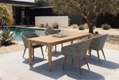 Online Borneo/Kota Garten-Essgruppe, natur/grau-meliert, Akazie/Alu/Polyrattan, 220x100 cm, 4 Cocktailsessel, Akazie, FSC®-zertifiziertes Produkt Garten-Essgruppen|Akazien-Gartenmöbel