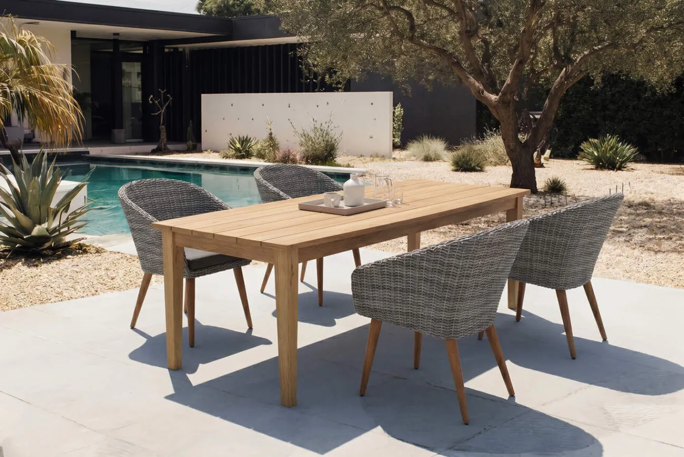 Online Borneo/Kota Garten-Essgruppe, natur/grau-meliert, Akazie/Alu/Polyrattan, 220x100 cm, 4 Cocktailsessel, Akazie, FSC®-zertifiziertes Produkt Garten-Essgruppen|Akazien-Gartenmöbel