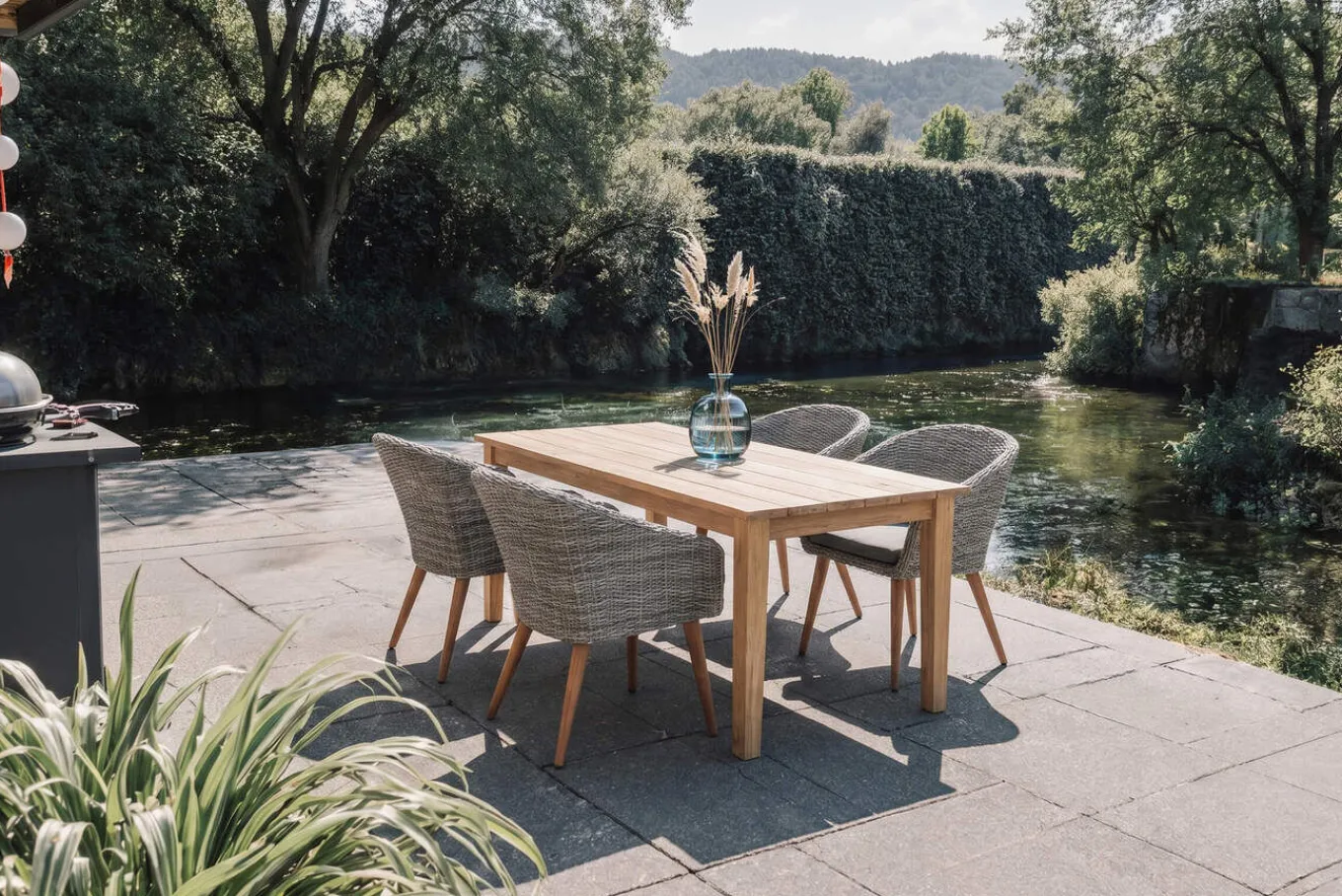 Online Borneo/Kota Garten-Essgruppe, natur/grau-meliert, Akazie/Alu/Polyrattan, 220x100 cm, 4 Cocktailsessel, Akazie, FSC®-zertifiziertes Produkt Garten-Essgruppen|Akazien-Gartenmöbel