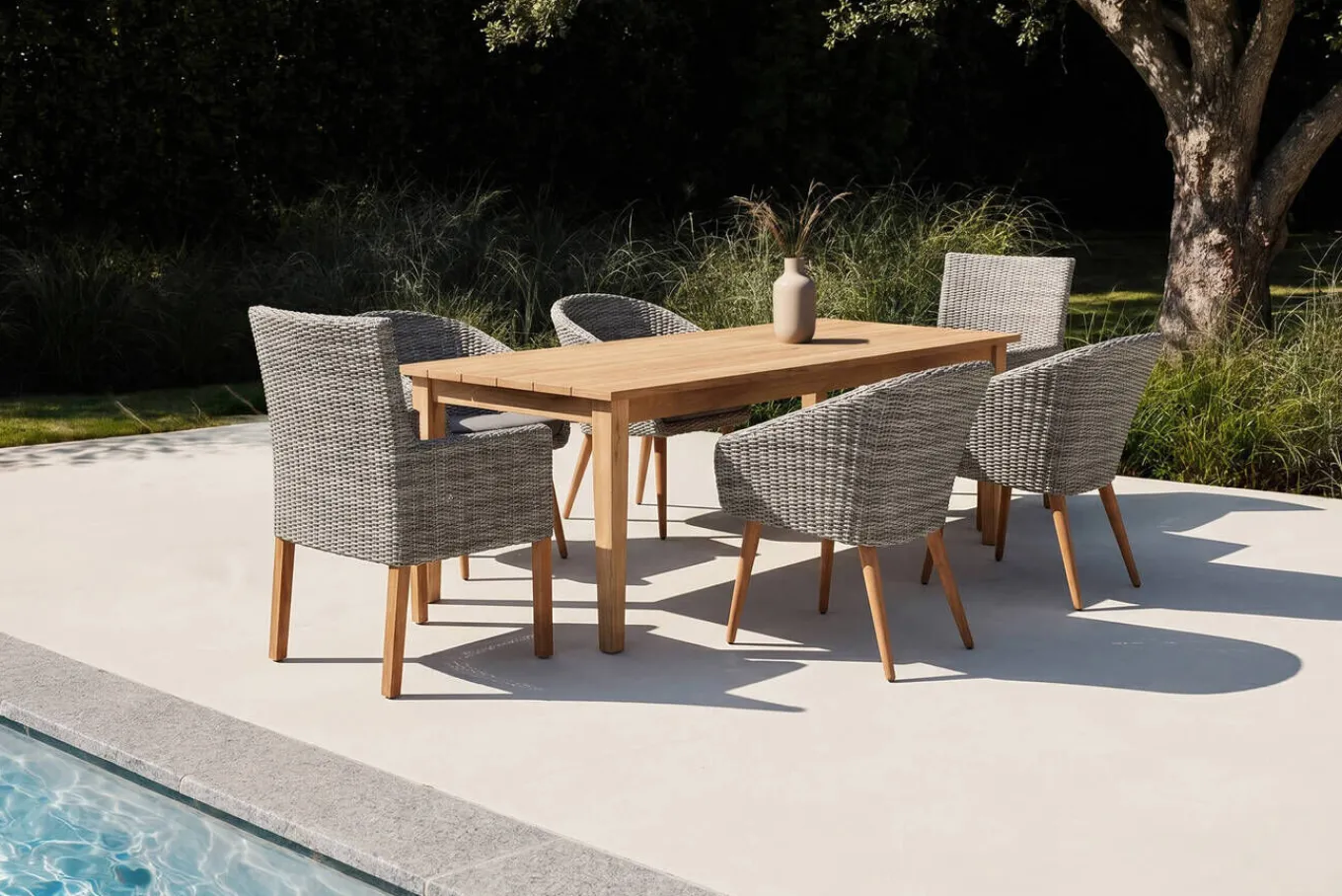 Discount Borneo/Kota Garten-Essgruppe, natur/grau-meliert, Akazie/Alu/Polyrattan, 180x90cm, 4 Cocktailsessel, 2 Landhaussessel, FSC®-zertifiziertes Produkt Garten-Essgruppen|Akazien-Gartenmöbel