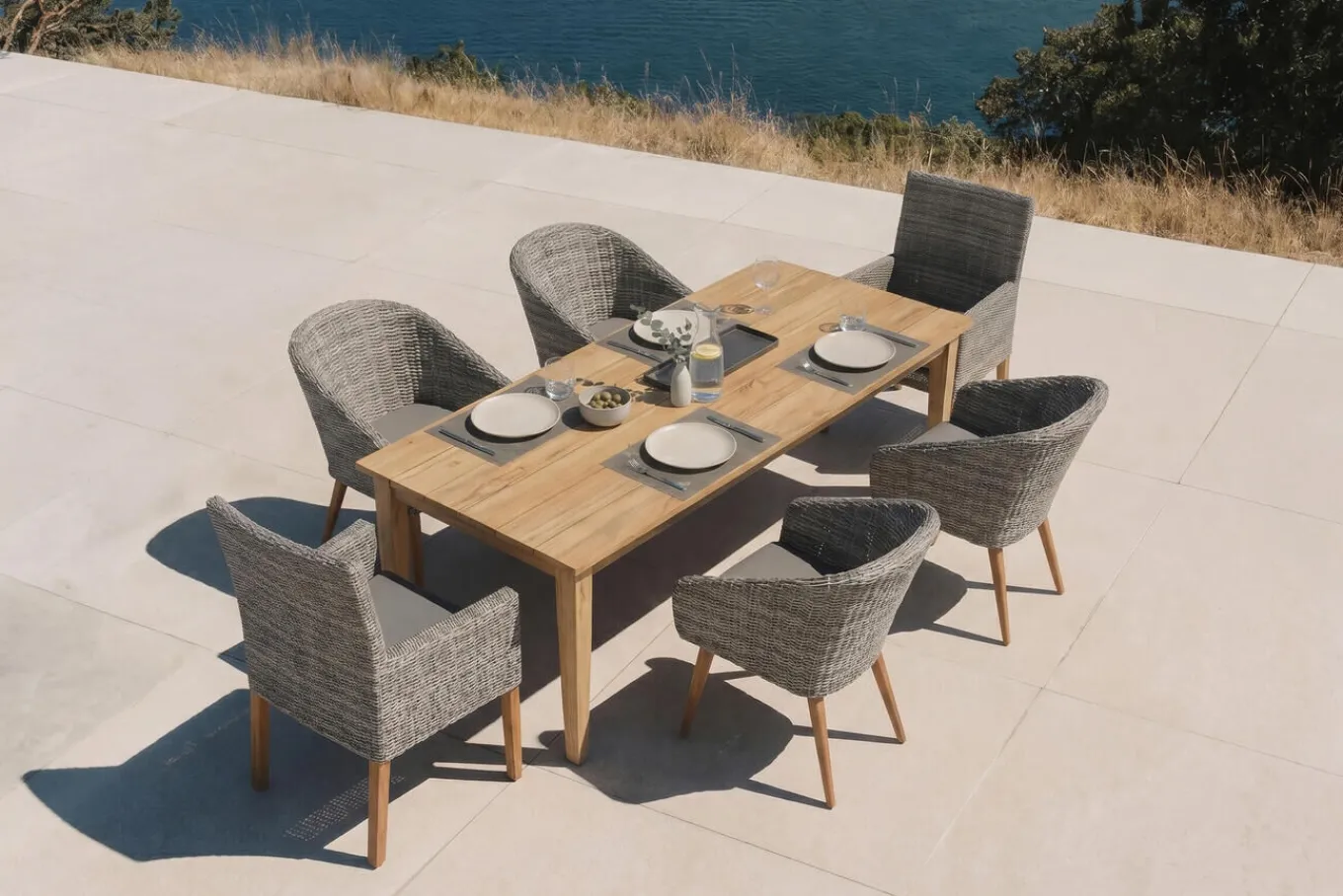 Discount Borneo/Kota Garten-Essgruppe, natur/grau-meliert, Akazie/Alu/Polyrattan, 180x90cm, 4 Cocktailsessel, 2 Landhaussessel, FSC®-zertifiziertes Produkt Garten-Essgruppen|Akazien-Gartenmöbel