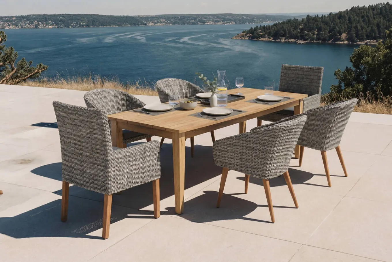Discount Borneo/Kota Garten-Essgruppe, natur/grau-meliert, Akazie/Alu/Polyrattan, 180x90cm, 4 Cocktailsessel, 2 Landhaussessel, FSC®-zertifiziertes Produkt Garten-Essgruppen|Akazien-Gartenmöbel