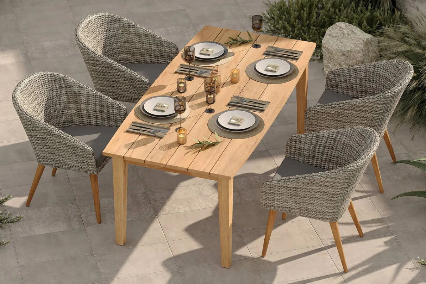 Outlet Borneo/Kota Garten-Essgruppe, natur/grau-meliert, Akazie/Alu/Polyrattan, 180x90cm, 4 Cocktailsessel, FSC®-zertifiziertes Produkt Garten-Essgruppen|Akazien-Gartenmöbel