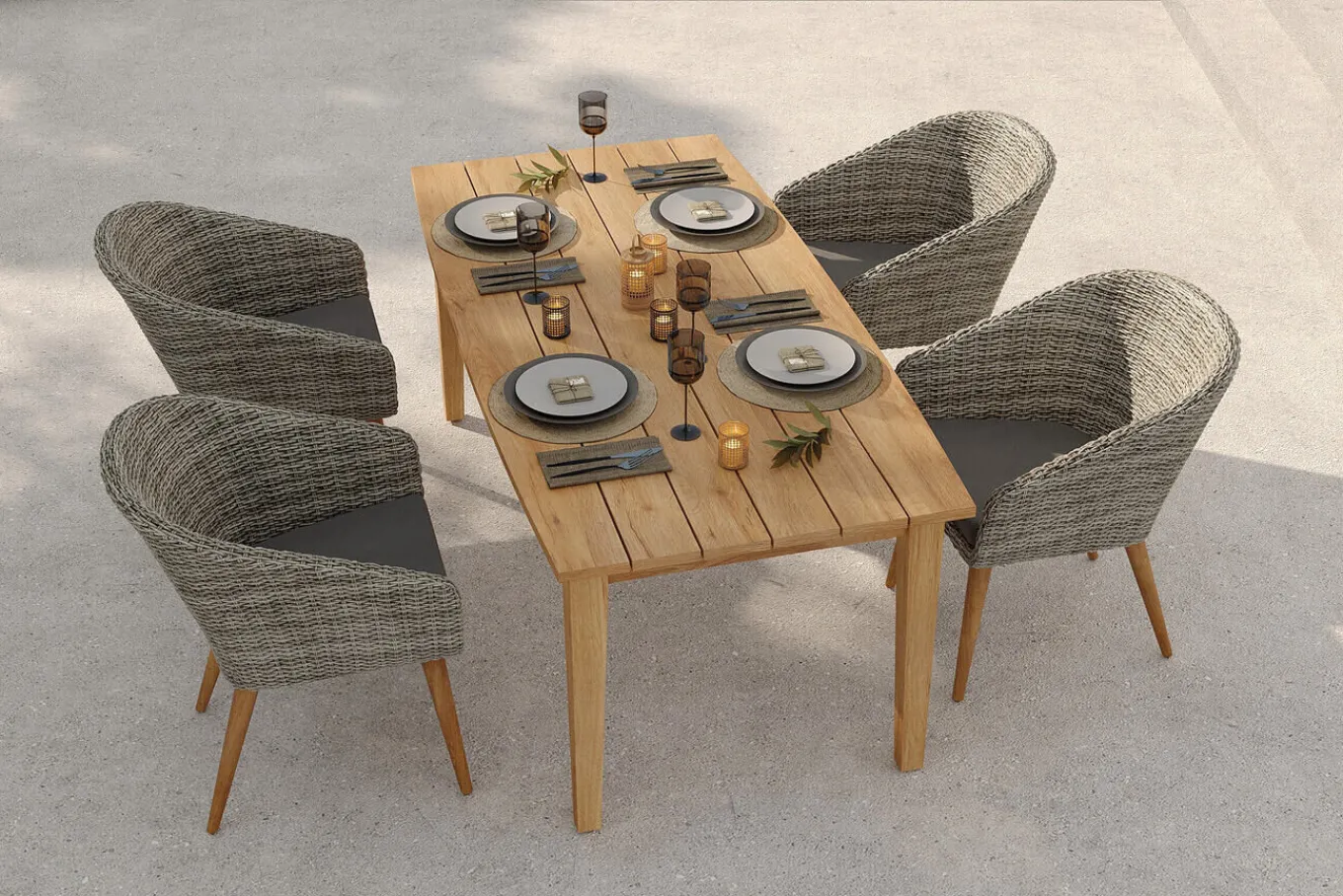 Outlet Borneo/Kota Garten-Essgruppe, natur/grau-meliert, Akazie/Alu/Polyrattan, 180x90cm, 4 Cocktailsessel, FSC®-zertifiziertes Produkt Garten-Essgruppen|Akazien-Gartenmöbel