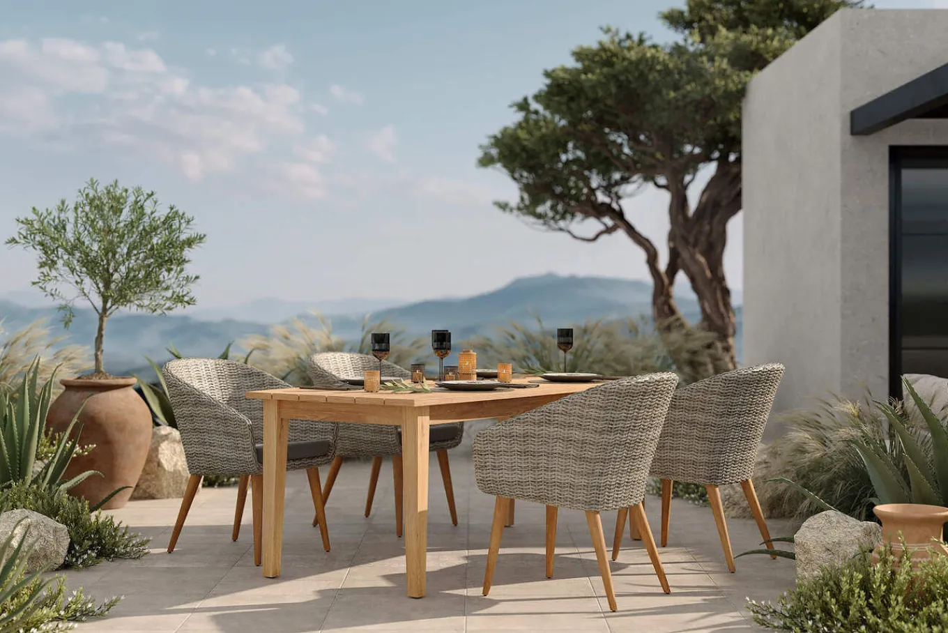 Outlet Borneo/Kota Garten-Essgruppe, natur/grau-meliert, Akazie/Alu/Polyrattan, 180x90cm, 4 Cocktailsessel, FSC®-zertifiziertes Produkt Garten-Essgruppen|Akazien-Gartenmöbel