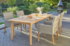 Hot Borneo/Kota Garten-Essgruppe, natur/grau-meliert, Akazie/Alu/Polyrattan, 220x100 cm, 4 Landhaussessel, Akazie, FSC®-zertifiziertes Produkt Garten-Essgruppen|Akazien-Gartenmöbel