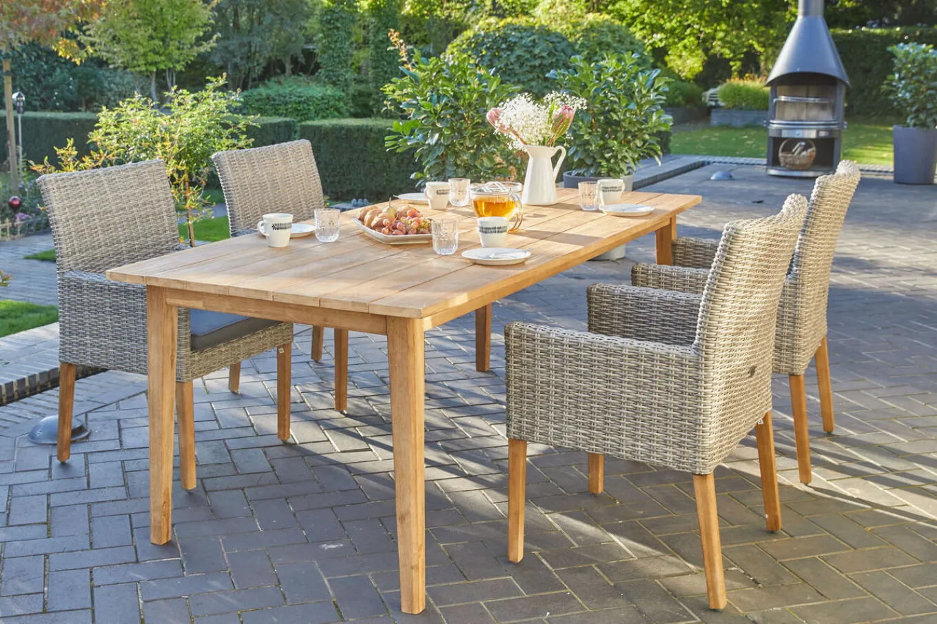 Hot Borneo/Kota Garten-Essgruppe, natur/grau-meliert, Akazie/Alu/Polyrattan, 220x100 cm, 4 Landhaussessel, Akazie, FSC®-zertifiziertes Produkt Garten-Essgruppen|Akazien-Gartenmöbel
