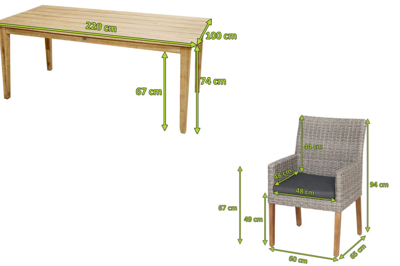 Hot Borneo/Kota Garten-Essgruppe, natur/grau-meliert, Akazie/Alu/Polyrattan, 220x100 cm, 4 Landhaussessel, Akazie, FSC®-zertifiziertes Produkt Garten-Essgruppen|Akazien-Gartenmöbel