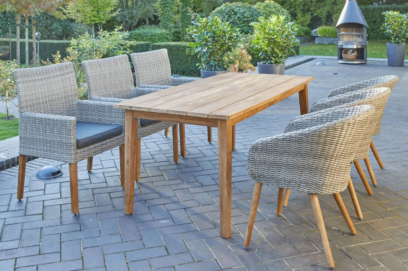 Outlet Borneo/Kota Garten-Essgruppe, natur/grau-meliert, Akazie/Alu/Polyrattan, 180x90cm, 3 Cocktailsessel, 3 Landhaussessel, FSC®-zertifiziertes Produkt Garten-Essgruppen|Akazien-Gartenmöbel