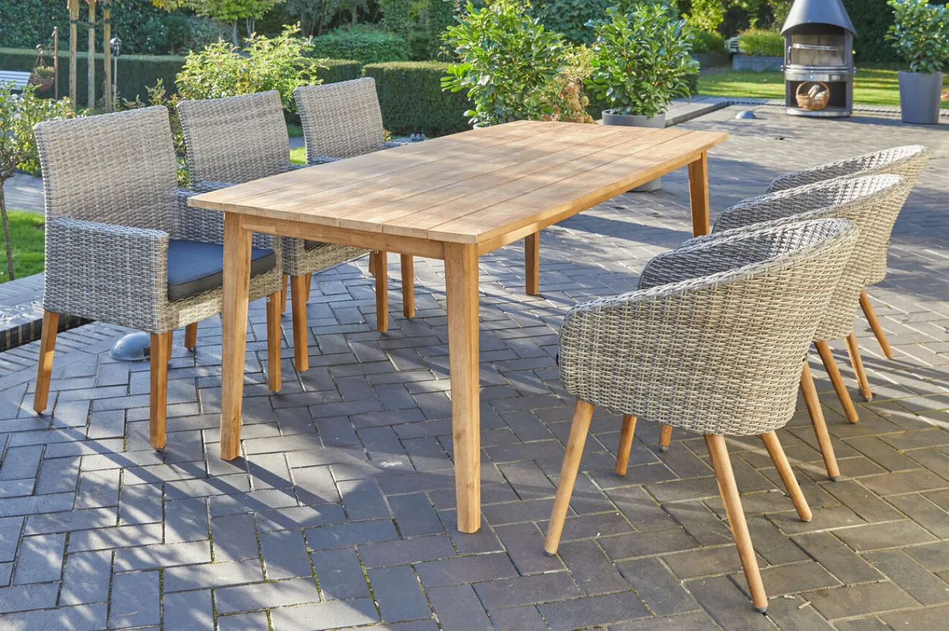 Online Borneo/Kota Garten-Essgruppe, natur/grau-meliert, Akazie/Alu/Polyrattan, 220x100 cm, 3 Cocktail-, 3 Landhaussessel, FSC®-zertifiziertes Produkt Garten-Essgruppen|Akazien-Gartenmöbel