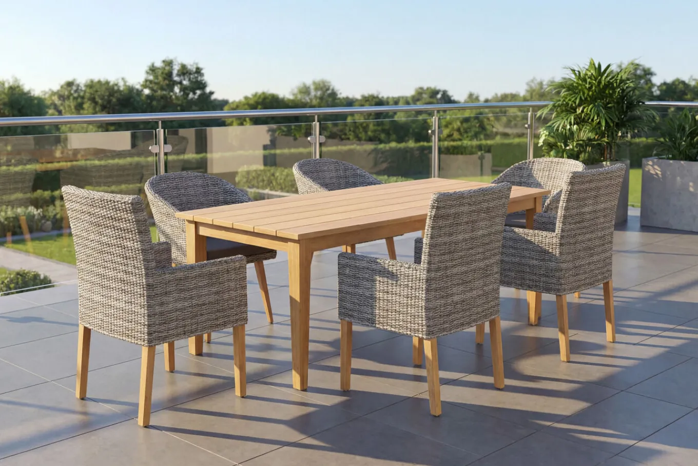 Online Borneo/Kota Garten-Essgruppe, natur/grau-meliert, Akazie/Alu/Polyrattan, 220x100 cm, 3 Cocktail-, 3 Landhaussessel, FSC®-zertifiziertes Produkt Garten-Essgruppen|Akazien-Gartenmöbel
