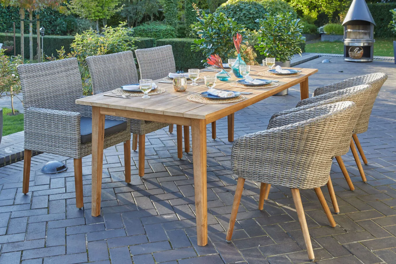 Online Borneo/Kota Garten-Essgruppe, natur/grau-meliert, Akazie/Alu/Polyrattan, 220x100 cm, 3 Cocktail-, 3 Landhaussessel, FSC®-zertifiziertes Produkt Garten-Essgruppen|Akazien-Gartenmöbel
