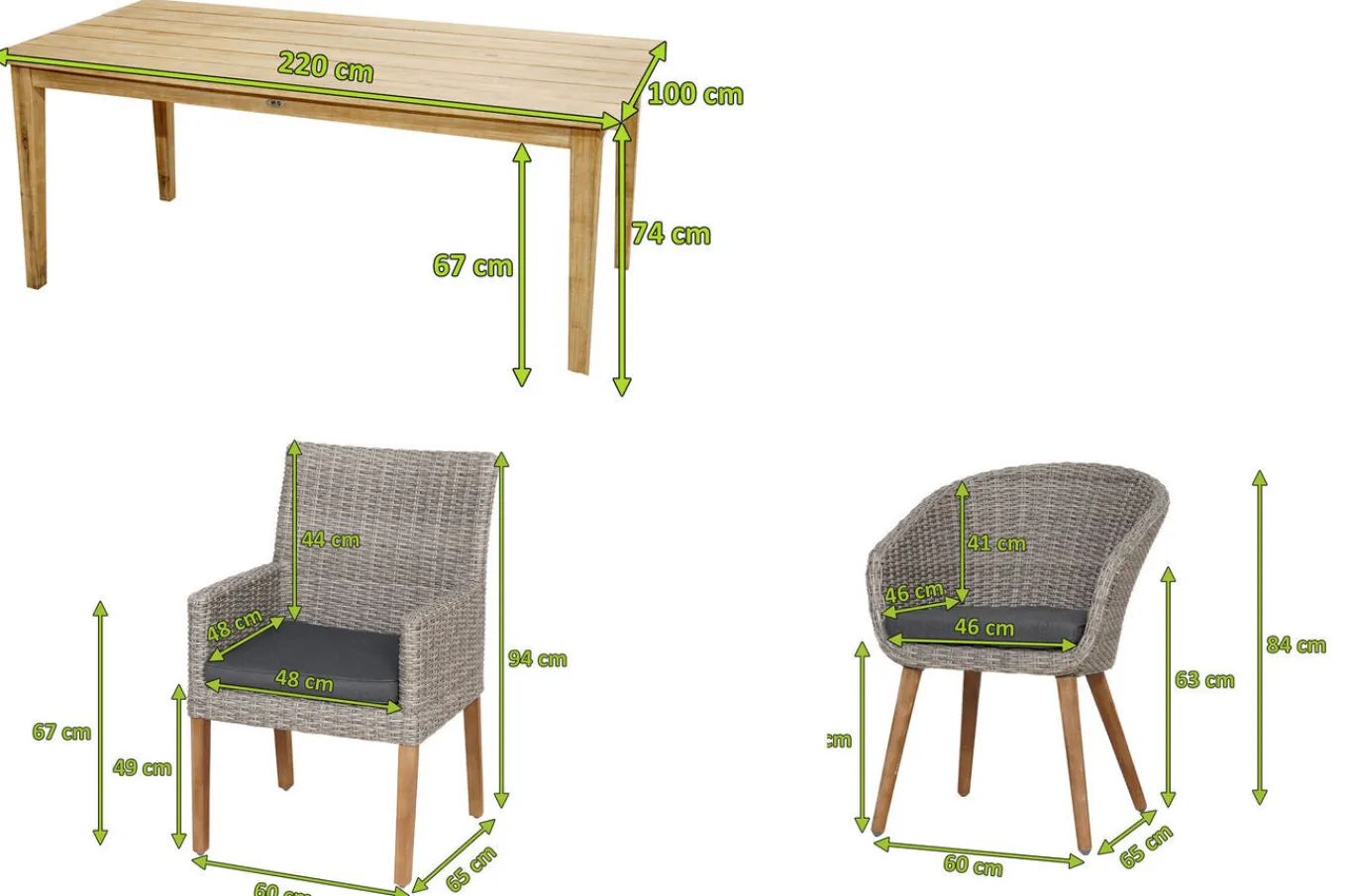 Online Borneo/Kota Garten-Essgruppe, natur/grau-meliert, Akazie/Alu/Polyrattan, 220x100 cm, 3 Cocktail-, 3 Landhaussessel, FSC®-zertifiziertes Produkt Garten-Essgruppen|Akazien-Gartenmöbel