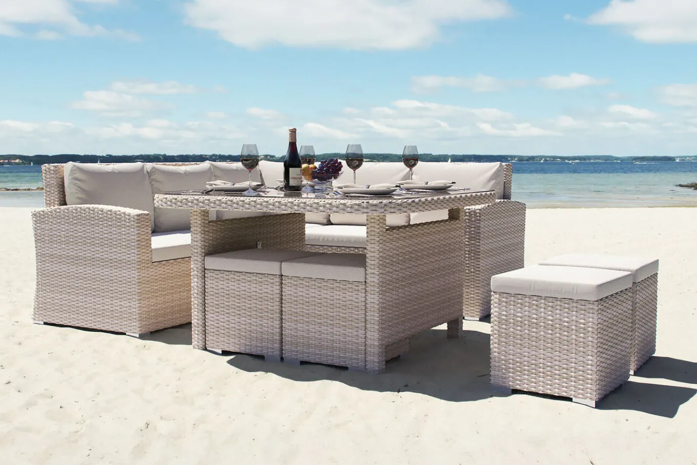 New Country Collection Desert Garten-Essgruppe, desert-beige, Aluminium/Polyester, Tisch 123x123 cm, 8 Sitzplätze, wasserabweisend Polyrattan-Gartenmöbel|Garten-Essgruppen