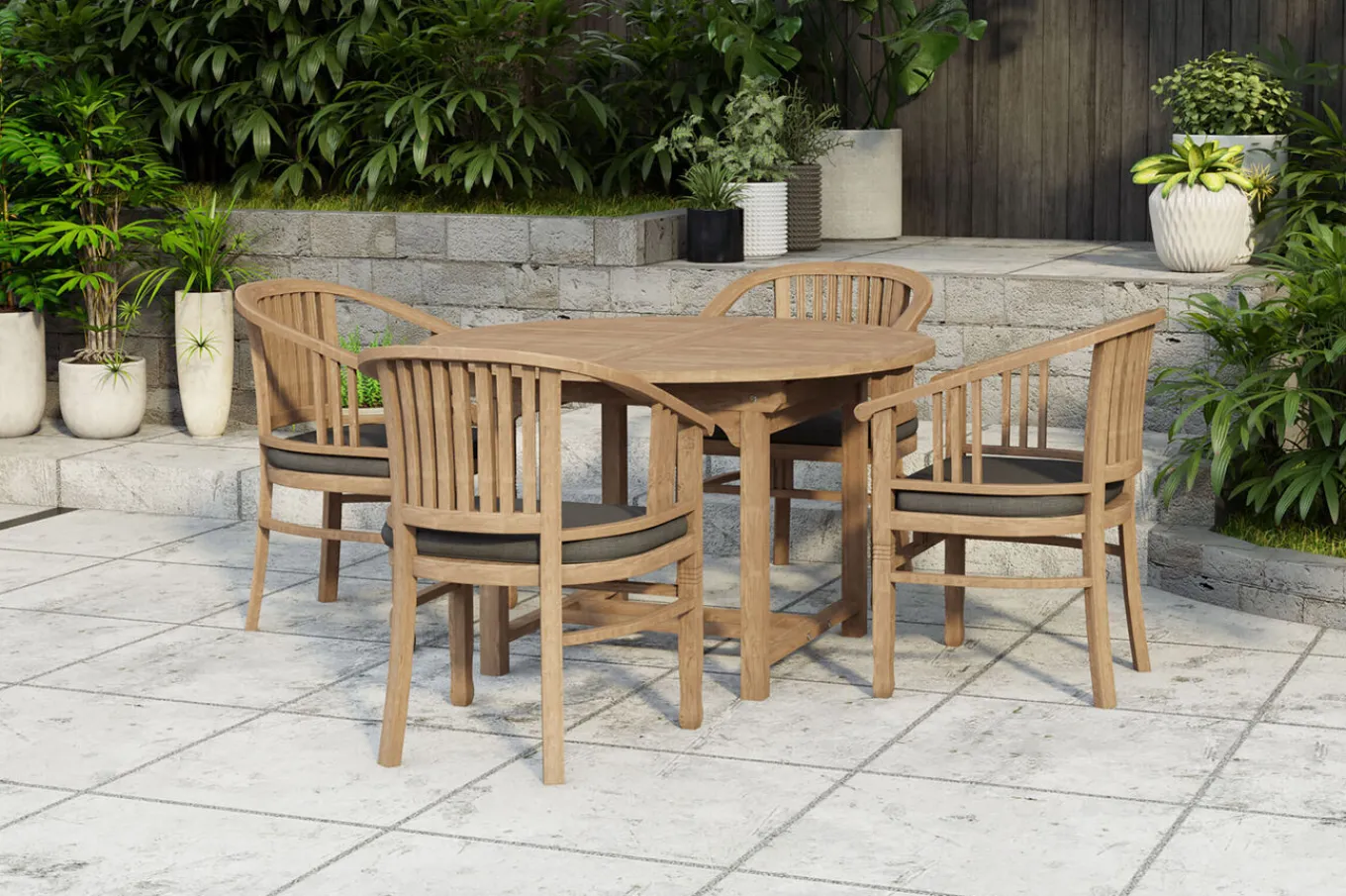 Sale Dallas/Batavia Garten-Essgruppe, natur, Teak, 120/170x120 cm, 4x Armlehnensessel, inkl. Auflage Garten-Essgruppen