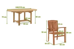 Best Dallas/Washington Garten-Essgruppe, natur, Teak, 120/170x120 cm, 4x Stapelsessel Garten-Essgruppen