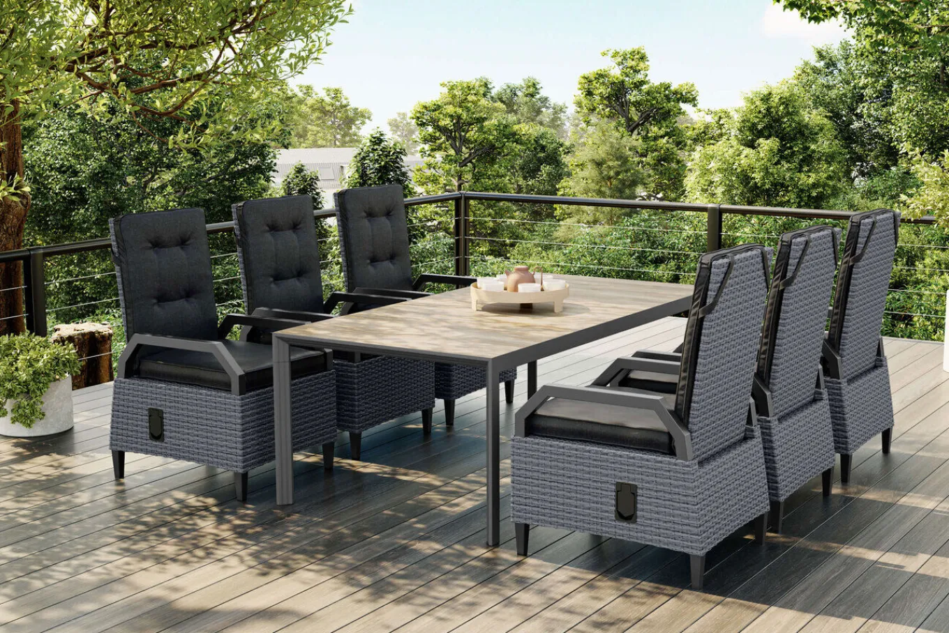 Darwin Garten-Essgruppe mit 6 Dining Sesseln, anthrazit/grau, Alu/Polyrattan, Tisch 200 x 100 cm, verstellbare Rückenlehne Garten-Essgruppen|Aluminium-Gartenmöbel