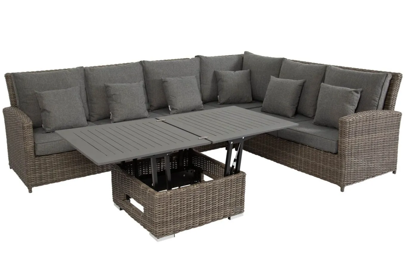 Clearance Dining-Lounge, grau, Polyrattan, 5-6 Personen, höhenverstellbarer Loungetisch, inkl. Polster Polyrattan-Gartenmöbel|Gartenlounge
