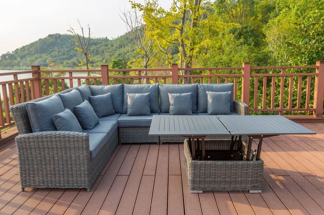 Clearance Dining-Lounge, grau, Polyrattan, 5-6 Personen, höhenverstellbarer Loungetisch, inkl. Polster Polyrattan-Gartenmöbel|Gartenlounge
