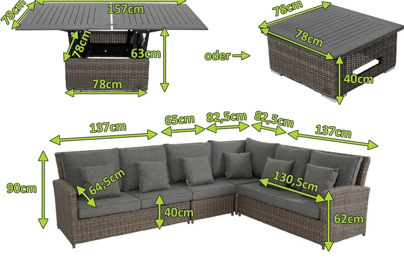 Clearance Dining-Lounge, grau, Polyrattan, 5-6 Personen, höhenverstellbarer Loungetisch, inkl. Polster Polyrattan-Gartenmöbel|Gartenlounge