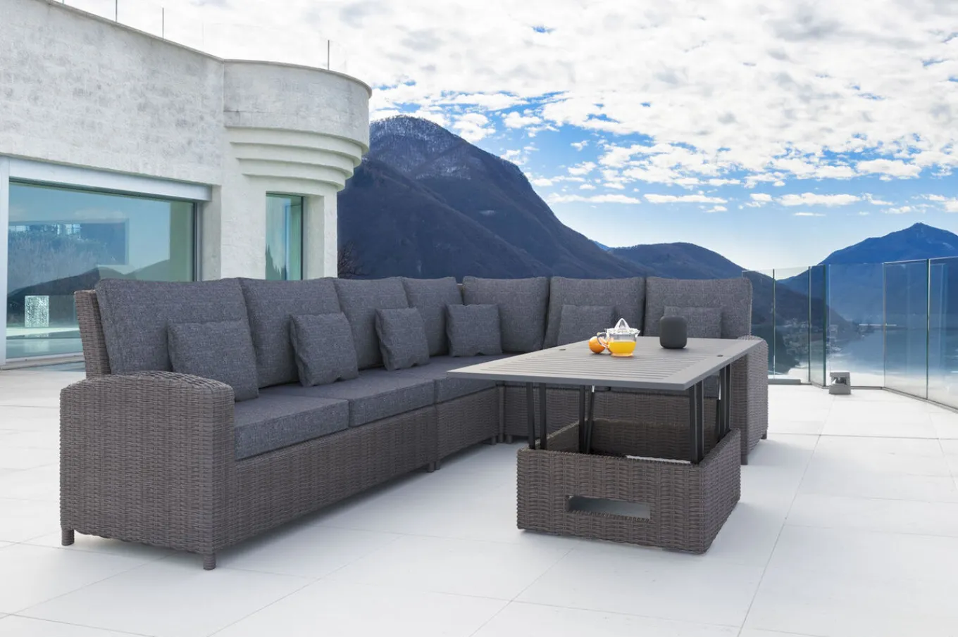 Clearance Dining-Lounge, grau, Polyrattan, 5-6 Personen, höhenverstellbarer Loungetisch, inkl. Polster Polyrattan-Gartenmöbel|Gartenlounge