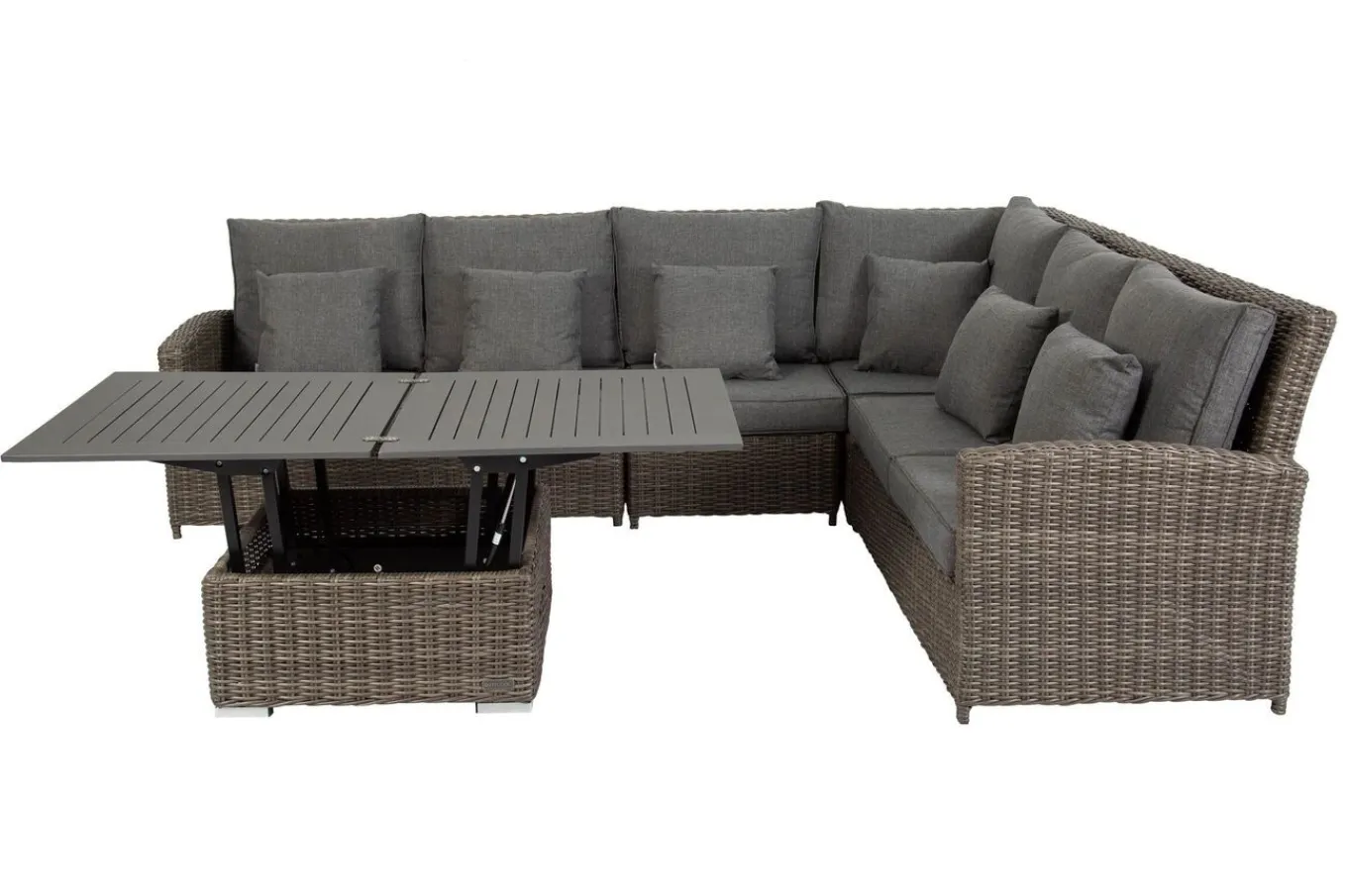 Clearance Dining-Lounge, grau, Polyrattan, 5-6 Personen, höhenverstellbarer Loungetisch, inkl. Polster Polyrattan-Gartenmöbel|Gartenlounge