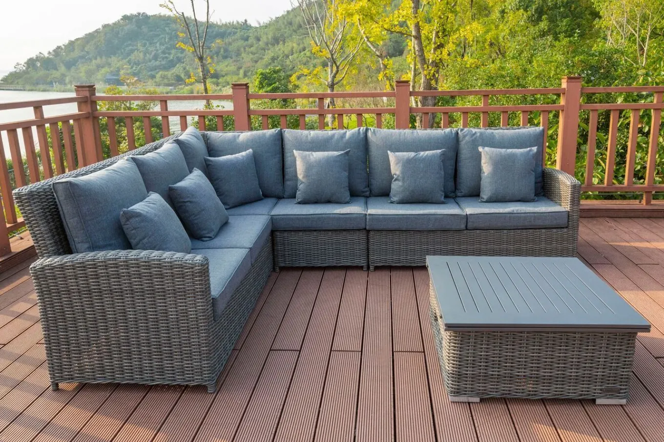 Clearance Dining-Lounge, grau, Polyrattan, 5-6 Personen, höhenverstellbarer Loungetisch, inkl. Polster Polyrattan-Gartenmöbel|Gartenlounge