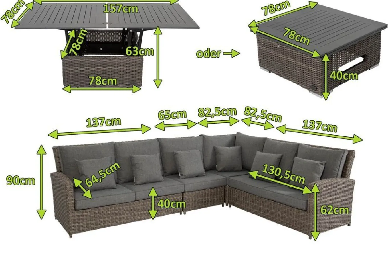 Clearance Dining-Lounge, grau, Polyrattan, 5-6 Personen, höhenverstellbarer Loungetisch, inkl. Polster Polyrattan-Gartenmöbel|Gartenlounge