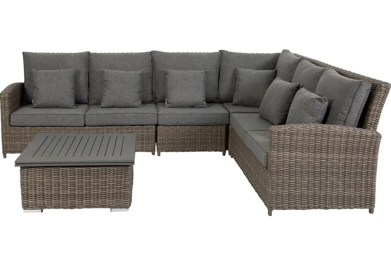 Clearance Dining-Lounge, grau, Polyrattan, 5-6 Personen, höhenverstellbarer Loungetisch, inkl. Polster Polyrattan-Gartenmöbel|Gartenlounge