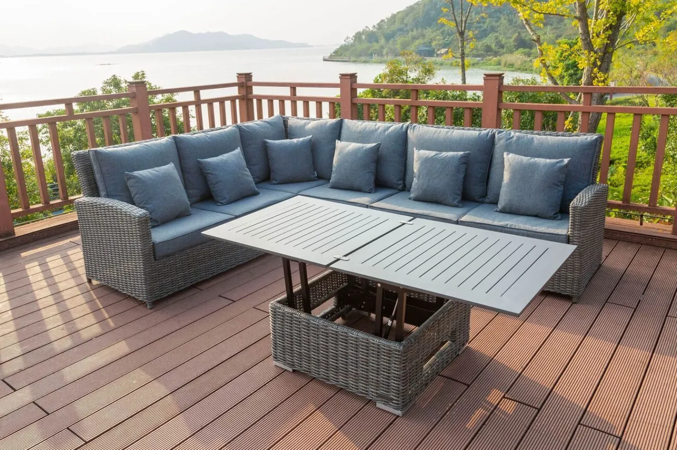 Clearance Dining-Lounge, grau, Polyrattan, 5-6 Personen, höhenverstellbarer Loungetisch, inkl. Polster Polyrattan-Gartenmöbel|Gartenlounge