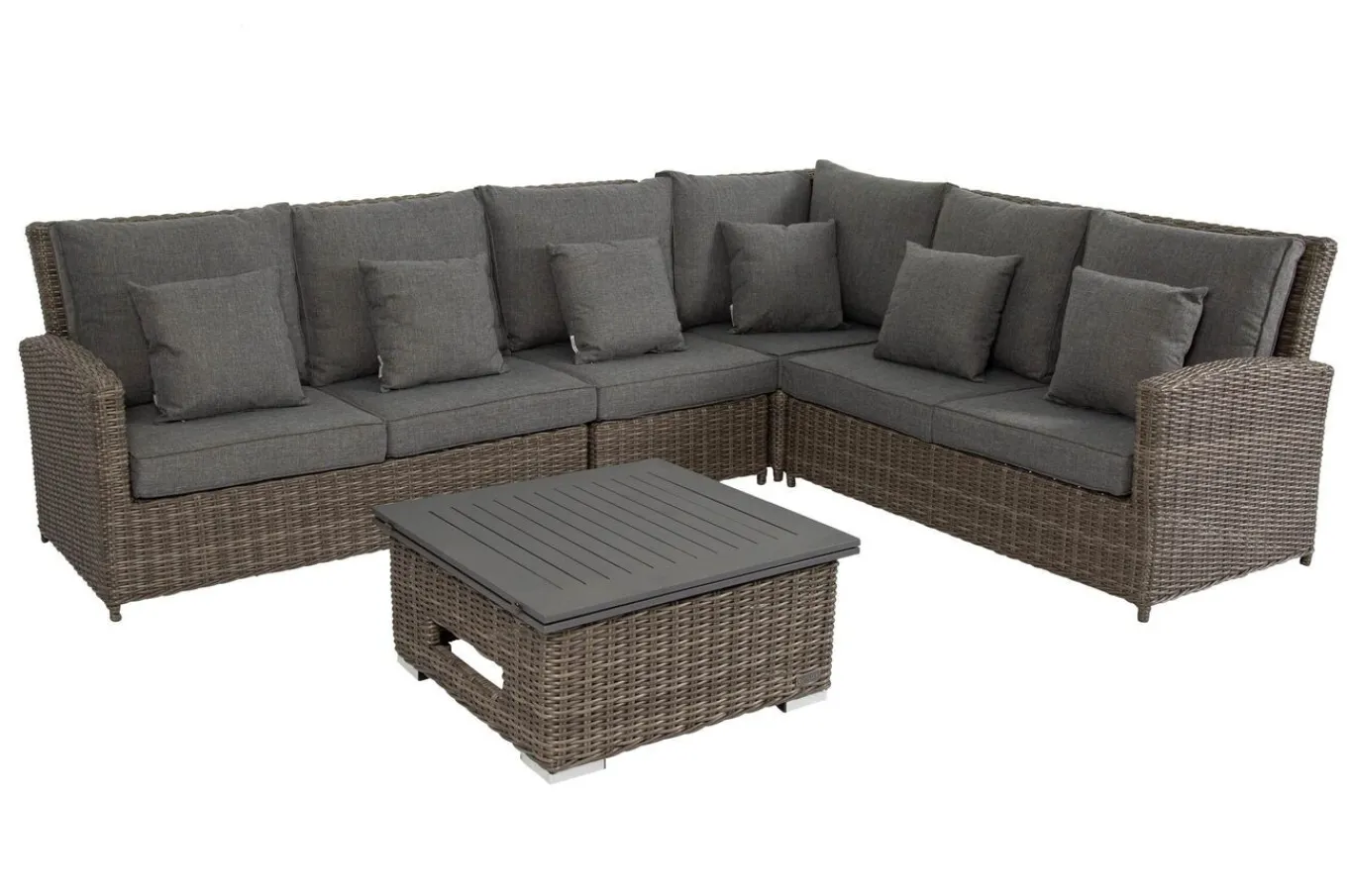 Clearance Dining-Lounge, grau, Polyrattan, 5-6 Personen, höhenverstellbarer Loungetisch, inkl. Polster Polyrattan-Gartenmöbel|Gartenlounge