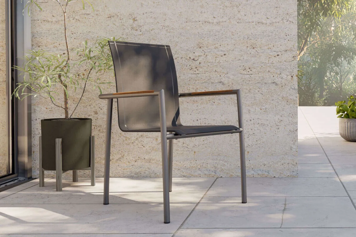 Clearance Diningsessel, anthrazit/grau, Edelstahl/Textilene, ca. 56x62x90cm, Teak Edelstahl-Gartenmöbel|Gartenstühle & Gartensessel