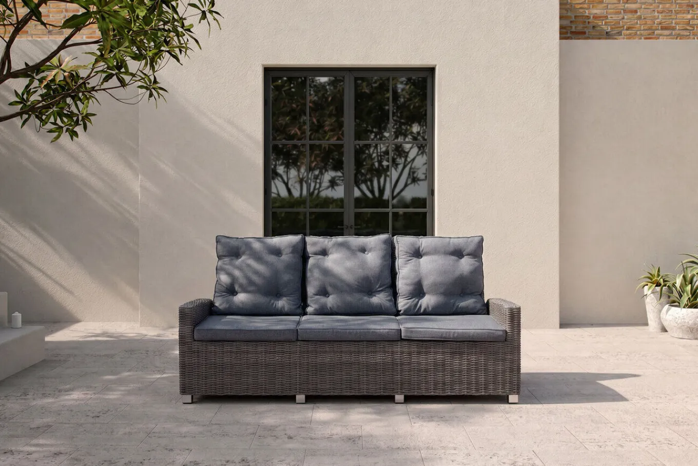 Best Dining 3-Sitzer Sofa, grau, Polyrattan, 210 x 83 x 110 cm, mehrfach verstellbar Polyrattan-Gartenmöbel|Gartenbänke & Gartensofas