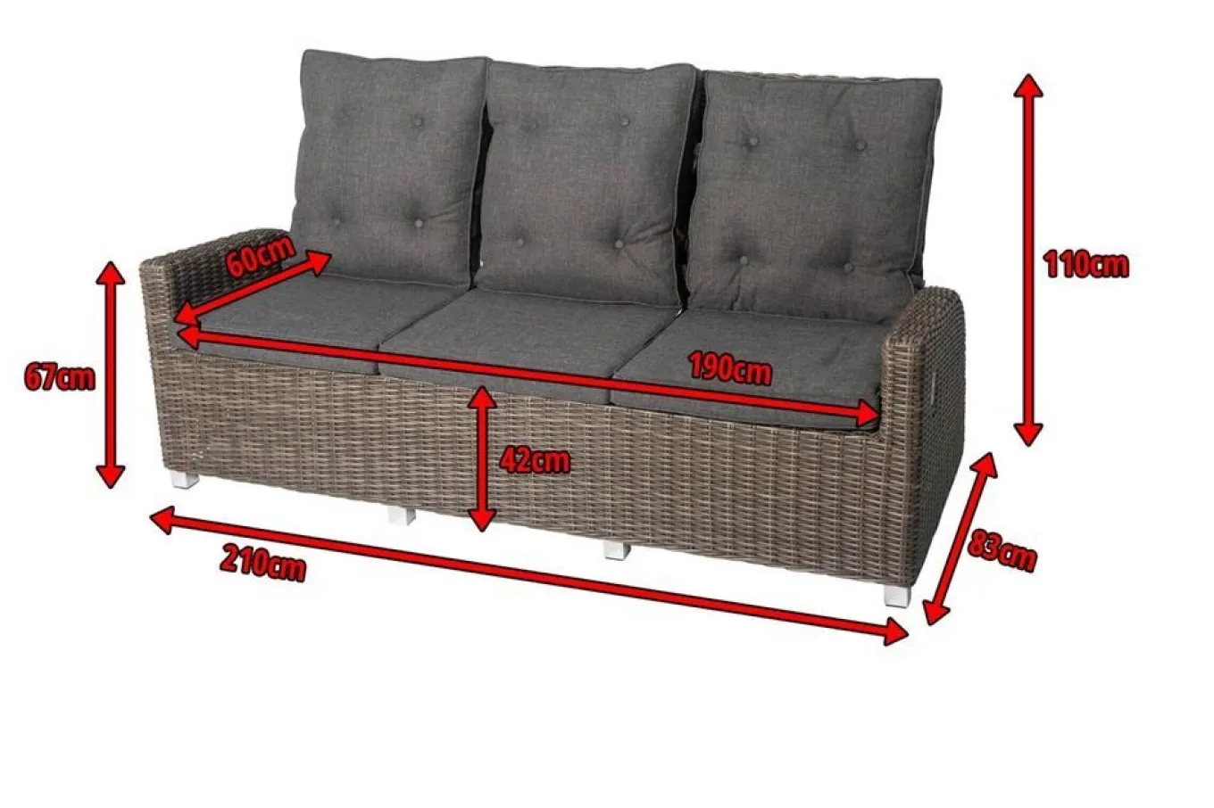Best Dining 3-Sitzer Sofa, grau, Polyrattan, 210 x 83 x 110 cm, mehrfach verstellbar Polyrattan-Gartenmöbel|Gartenbänke & Gartensofas