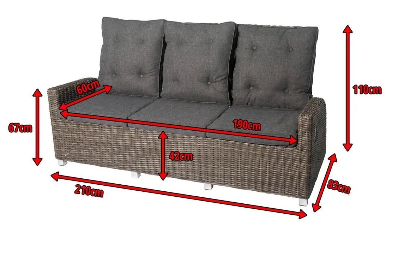 Best Dining 3-Sitzer Sofa, grau, Polyrattan, 210 x 83 x 110 cm, mehrfach verstellbar Polyrattan-Gartenmöbel|Gartenbänke & Gartensofas