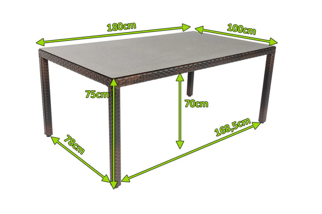 Best Dining Tisch, braun marmoriert, Polyrattan, 180 x 100 cm, Tischplatte Spraystone, 6mm Gartentische|Polyrattan-Gartenmöbel