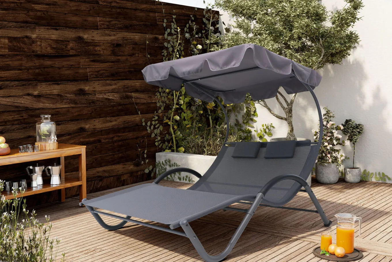 Online Doppelliege, anthrazit, Polyester/Stahl pulverbeschichtet, 205x138x34cm, inkl. Nackenkissen, rollbar Stahl-Gartenmöbel|Gartenliegen