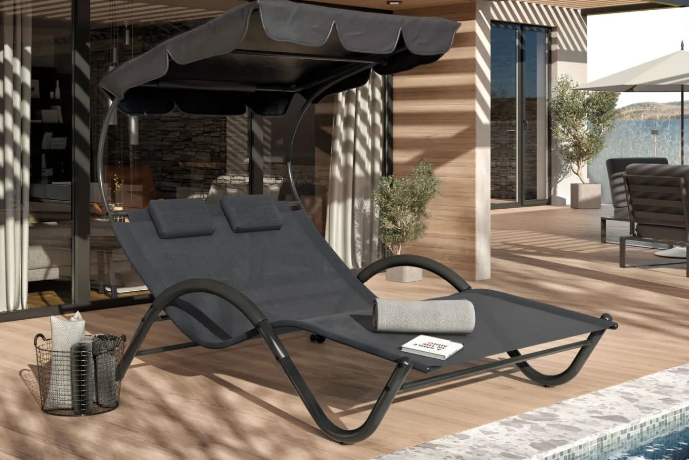 Online Doppelliege, anthrazit, Polyester/Stahl pulverbeschichtet, 205x138x34cm, inkl. Nackenkissen, rollbar Stahl-Gartenmöbel|Gartenliegen