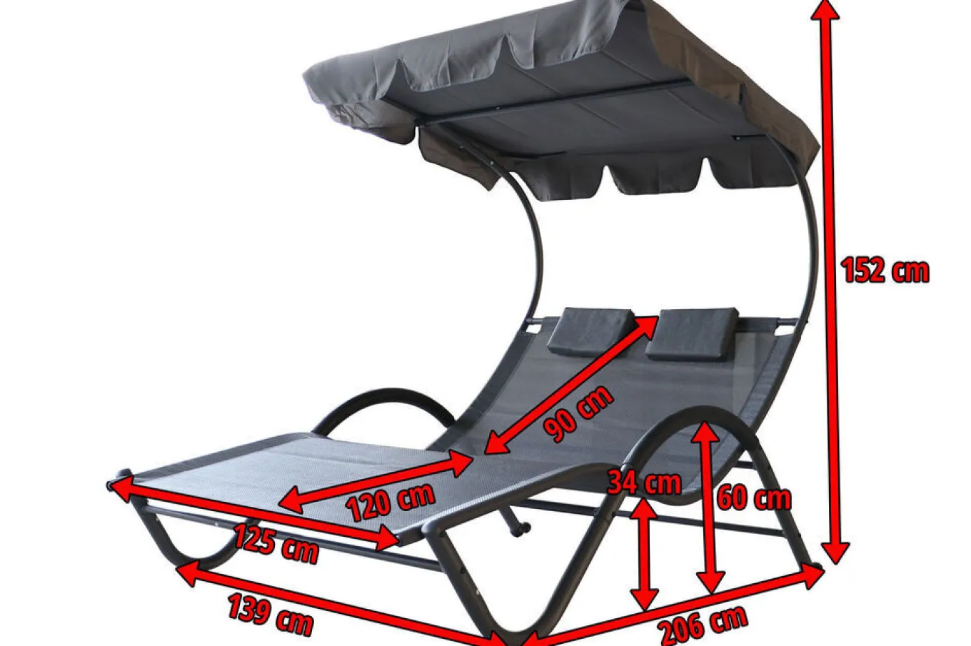 Online Doppelliege, anthrazit, Polyester/Stahl pulverbeschichtet, 205x138x34cm, inkl. Nackenkissen, rollbar Stahl-Gartenmöbel|Gartenliegen