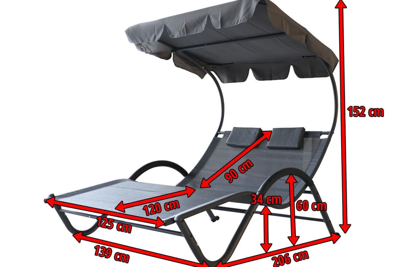 Online Doppelliege, anthrazit, Polyester/Stahl pulverbeschichtet, 205x138x34cm, inkl. Nackenkissen, rollbar Stahl-Gartenmöbel|Gartenliegen
