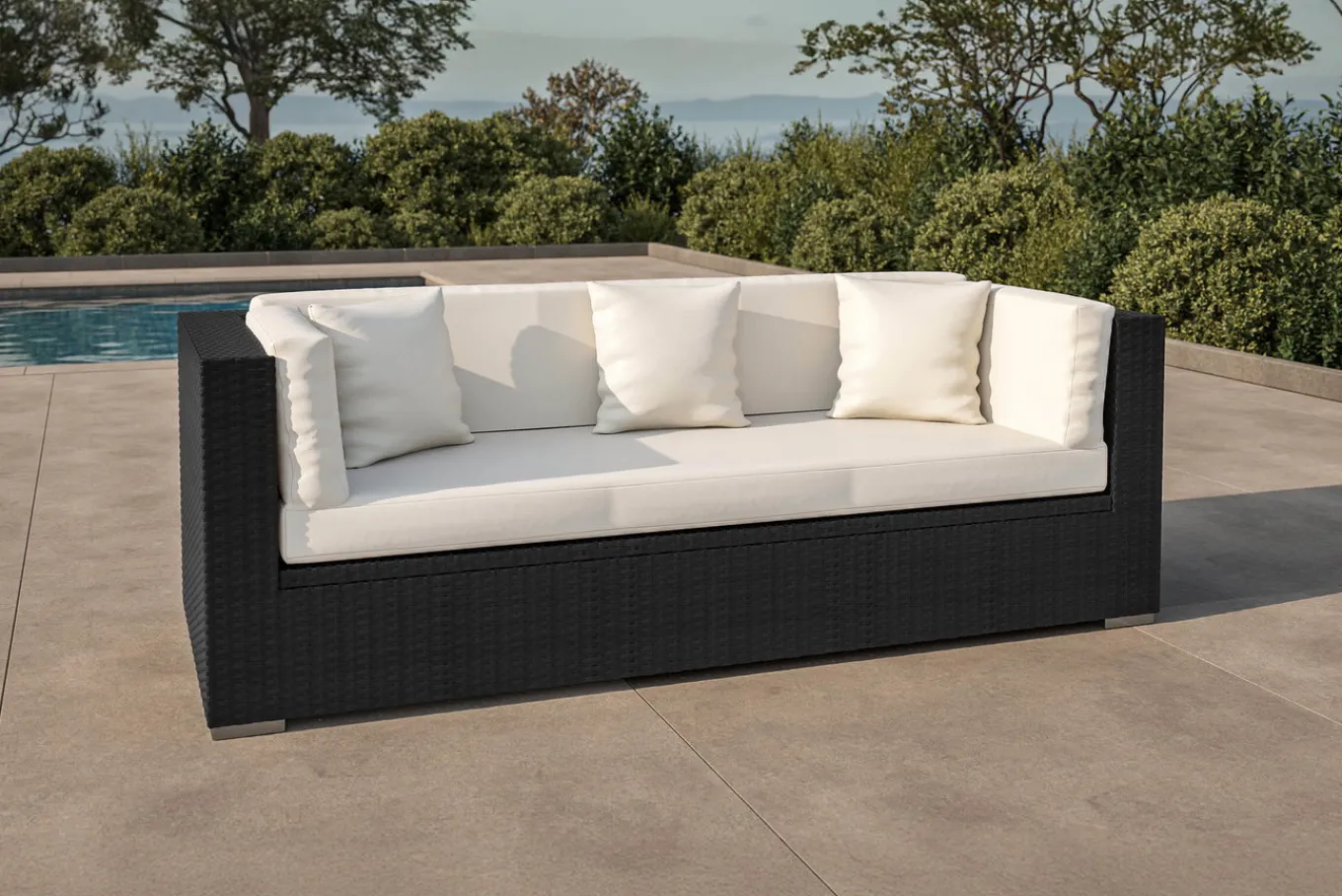 Online Dreisitzer-Sofa, creme/weiß, schwarz, Polyrattan, 210x85x70cm, inkl. Polster + wasserfeste Kissenbox Polyrattan-Gartenmöbel|Gartenlounge